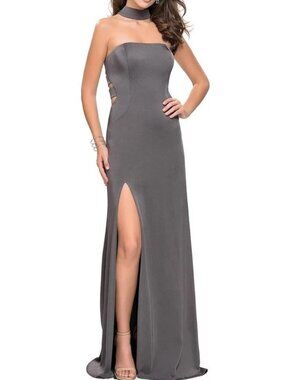 NWT La Femme 25735SC Jersey Choker Style Prom Dresses Charcoal size 2